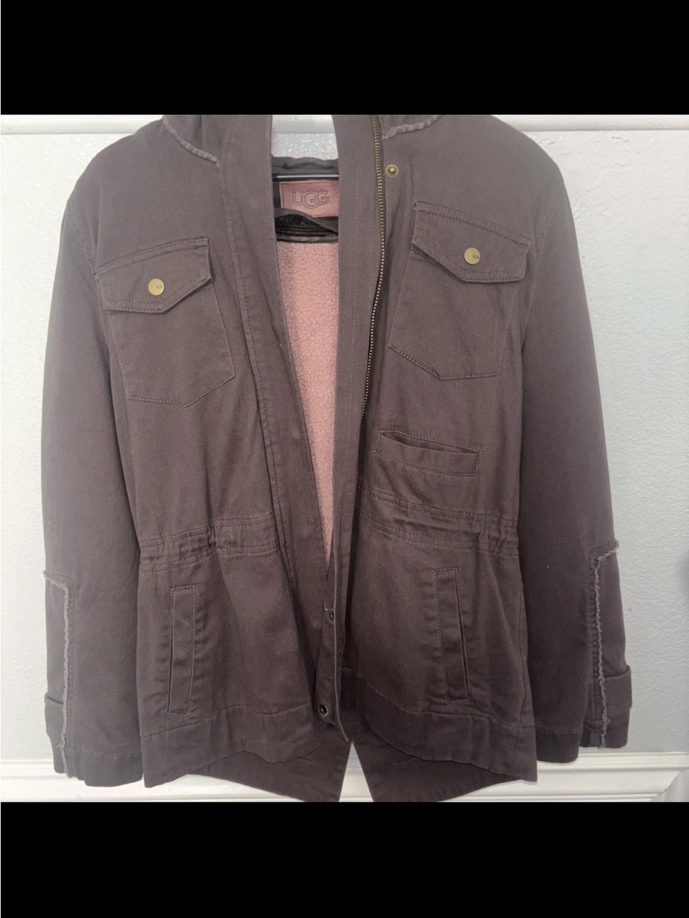 UGG Women Dark Brown Military Field Jacket with Sherpa Trim